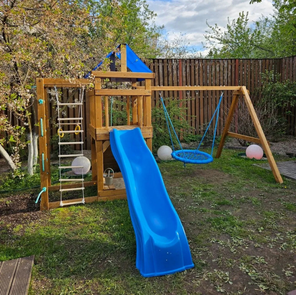 Детская площадка KD1-2 с голубой горкой и крышей, 1 голубые качели гнездо 80см